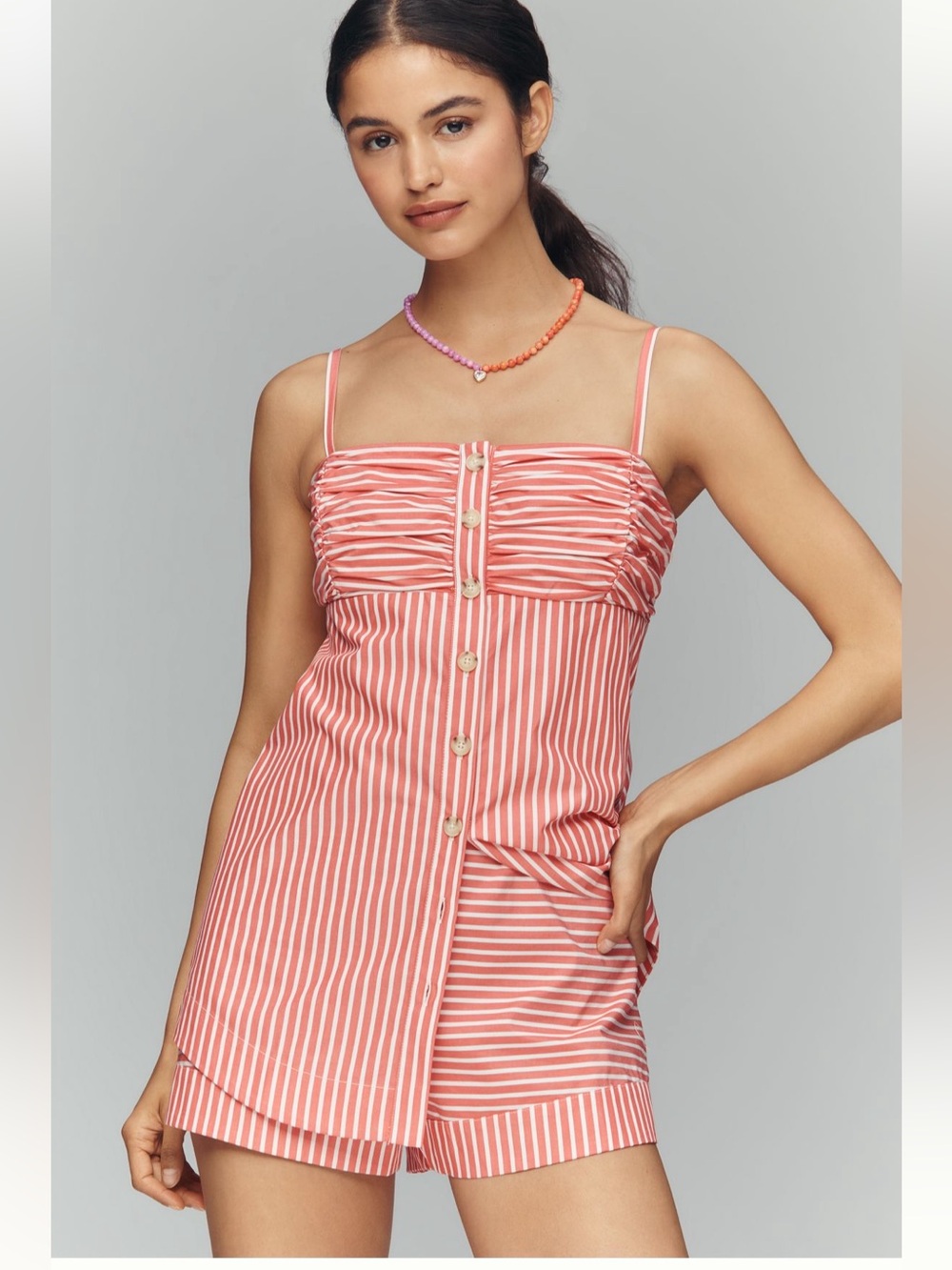 Anthropologie Pink and White Striped Button-Front Romper